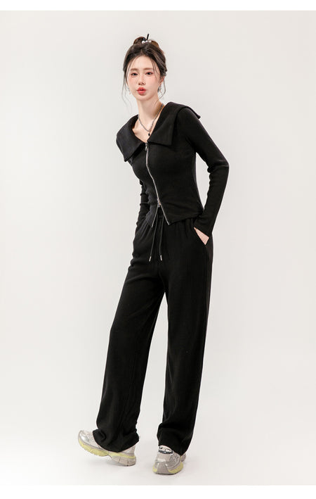 Maya Comfortable Winter Premium Trackset - full-length side shot on model, black - Miss Mosa By Akanksha