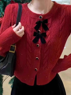 Maya Cute Woolen Sweater with Bow Detail - front shot on model with bow detail, red - Miss Mosa By Akanksha