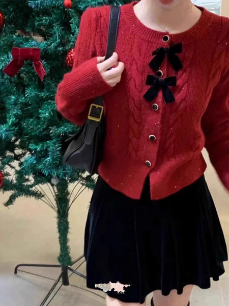 Maya Cute Woolen Sweater with Bow Detail - front shot on model in mirror, red - Miss Mosa By Akanksha