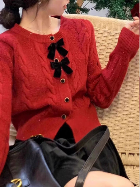 Maya Cute Woolen Sweater with Bow Detail - front shot on model seated, red - Miss Mosa By Akanksha