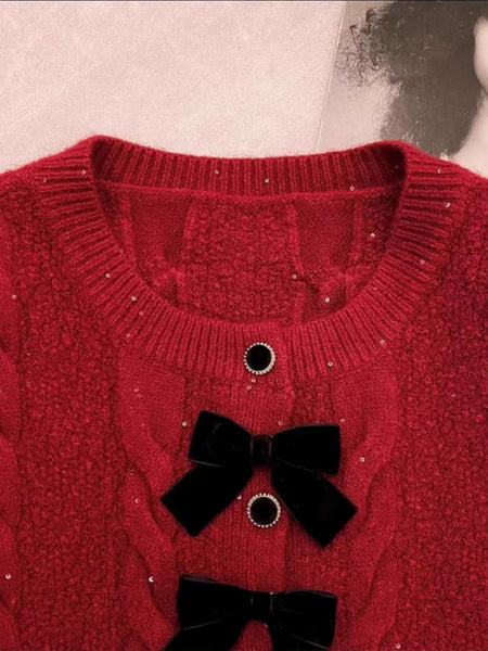 Maya Cute Woolen Sweater with Bow Detail - close-up of neckline and bow detail, red - Miss Mosa By Akanksha