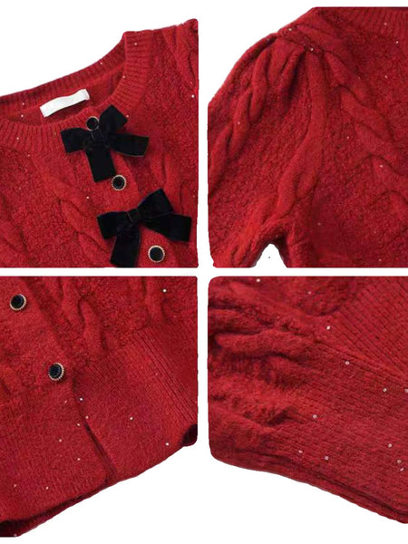 Maya Cute Woolen Sweater with Bow Detail - close-up collage of knit detail, red - Miss Mosa By Akanksha