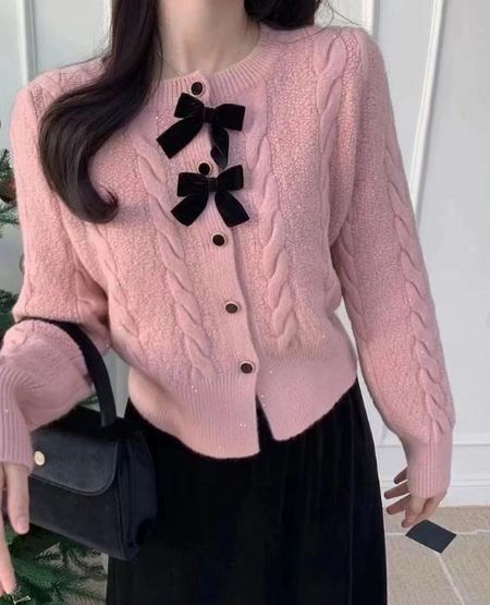 Maya Cute Woolen Sweater with Bow Detail - front shot on hanger, pink - Miss Mosa By Akanksha