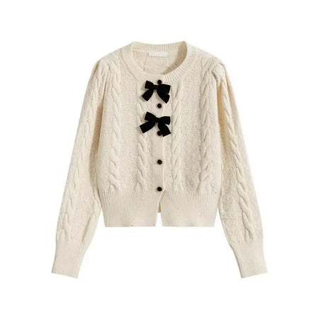Maya Cute Woolen Sweater with Bow Detail - front shot on hanger, cream - Miss Mosa By Akanksha