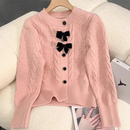 Maya Cute Woolen Sweater with Bow Detail - front shot on hanger, pink - Miss Mosa By Akanksha