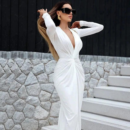 Maya Plunge Neck Bodycon Dress In White - side shot on model, white - Miss Mosa By Akanksha