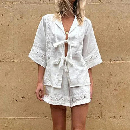 Maya Summer 2 Pc Coord Set In White - front shot on model, white - Miss Mosa By Akanksha