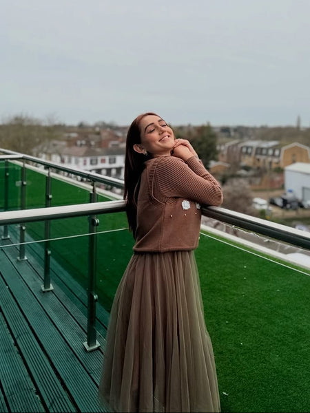 Mayfair Woolen Dress With Vest Top - side shot on model, brown - Miss Mosa By Akanksha