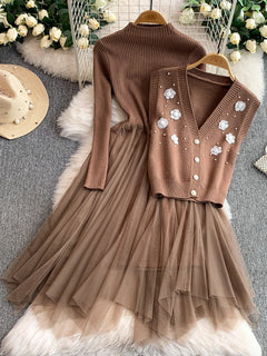 Mayfair Woolen Dress With Vest Top - flat-lay product shot on hangers, brown - Miss Mosa By Akanksha