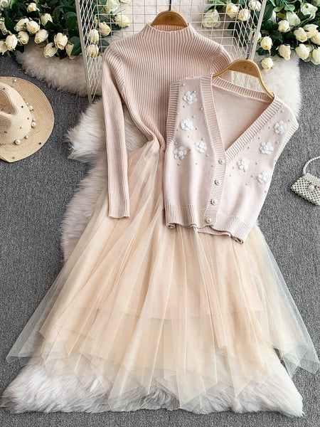 Mayfair Woolen Dress With Vest Top - flat-lay product shot on hangers, blush - Miss Mosa By Akanksha