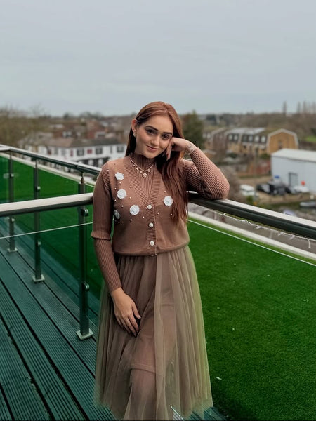 Mayfair Woolen Dress With Vest Top - front shot on model, brown - Miss Mosa By Akanksha