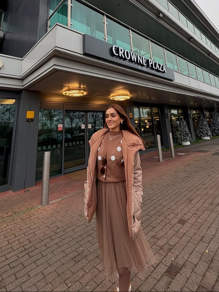 Mayfair Woolen Dress With Vest Top - full-length shot on model, brown - Miss Mosa By Akanksha