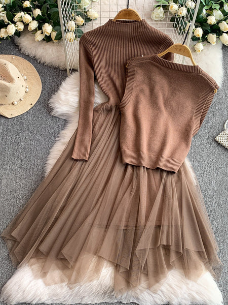 Mayfair Woolen Dress With Vest Top - flat-lay product shot on hangers, brown - Miss Mosa By Akanksha