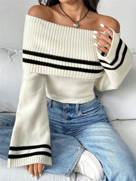 Mayfair Woolen Sweater with Offshoulder Detail - front shot on model seated, white and black - Miss Mosa By Akanksha