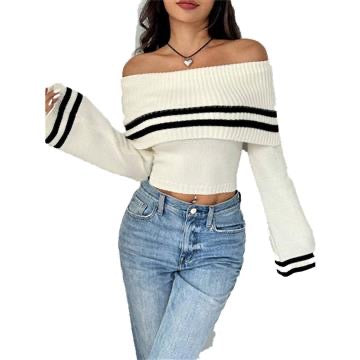 Mayfair Woolen Sweater with Offshoulder Detail - front shot on model, white and black - Miss Mosa By Akanksha