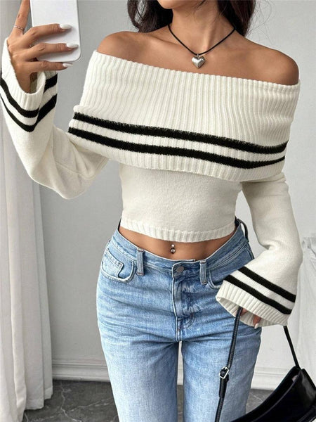 Mayfair Woolen Sweater with Offshoulder Detail - front shot on model, white and black - Miss Mosa By Akanksha