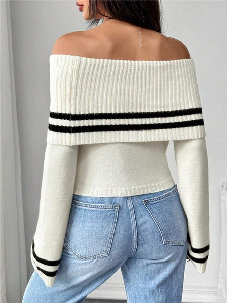 Mayfair Woolen Sweater with Offshoulder Detail - back shot on model, white and black - Miss Mosa By Akanksha