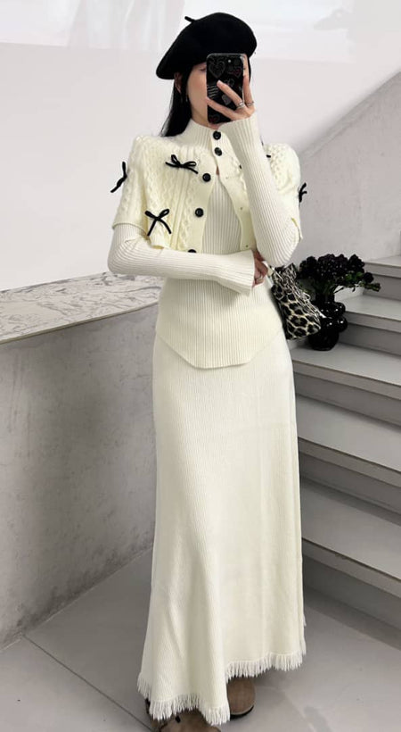 Mayles Luxe Winter 3 Pc Coord Set - full-length shot on model, cream - Miss Mosa By Akanksha