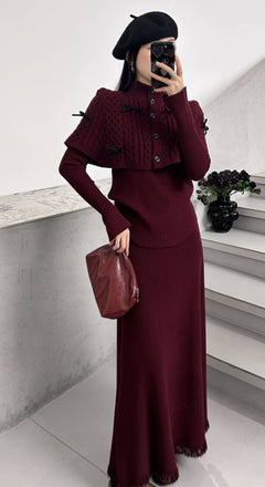 Mayles Luxe Winter 3 Pc Coord Set - full-length shot on model, burgundy - Miss Mosa By Akanksha
