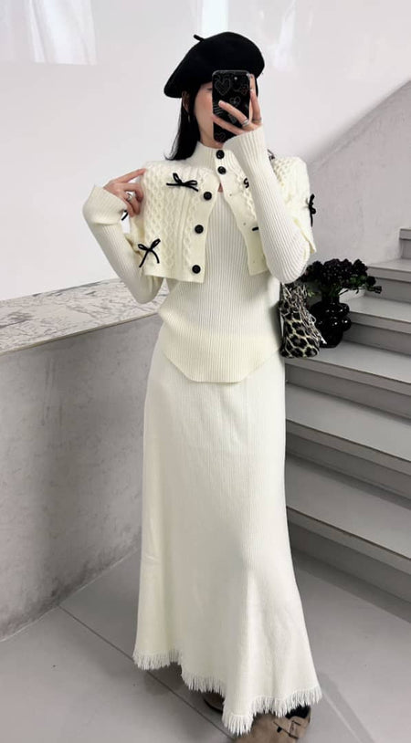 Mayles Luxe Winter 3 Pc Coord Set - full-length shot on model, cream - Miss Mosa By Akanksha