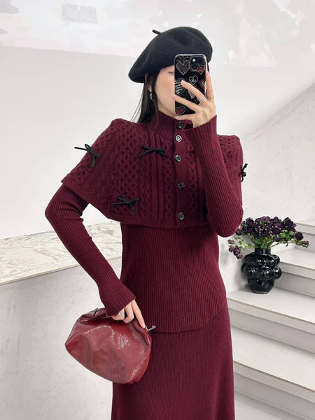Mayles Luxe Winter 3 Pc Coord Set - front shot on model, burgundy - Miss Mosa By Akanksha