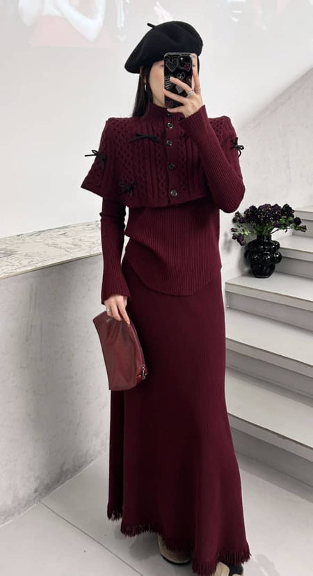 Mayles Luxe Winter 3 Pc Coord Set - full-length shot on model, burgundy - Miss Mosa By Akanksha