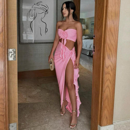 Mayne Summer Holiday Coord Set -Resortwear In Pink - front shot on model with thigh slit - Miss Mosa By Akanksha