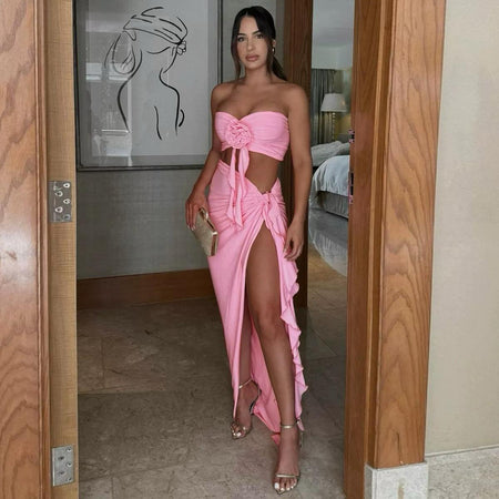 Mayne Summer Holiday Coord Set -Resortwear In Pink - full-length front shot on model - Miss Mosa By Akanksha
