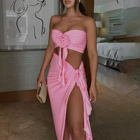 Mayne Summer Holiday Coord Set -Resortwear In Pink - front shot on model close-up of top and skirt - Miss Mosa By Akanksha