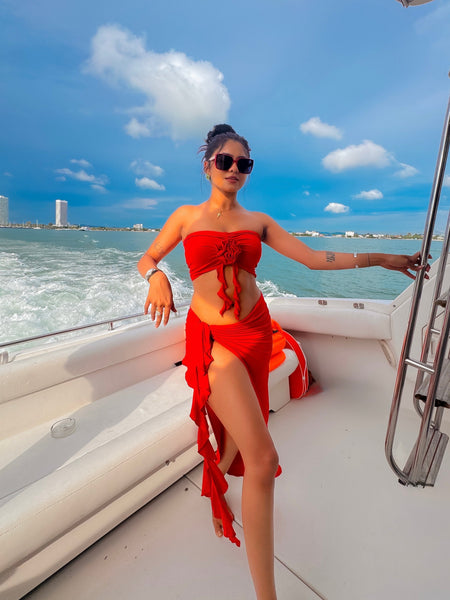 Mayne Summer Holiday Coord Set -Resortwear In Red - front shot on model on boat - Miss Mosa By Akanksha