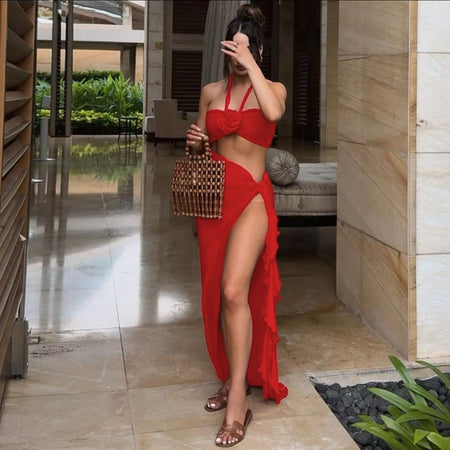 Mayne Summer Holiday Coord Set -Resortwear In Red - side shot on model indoors - Miss Mosa By Akanksha