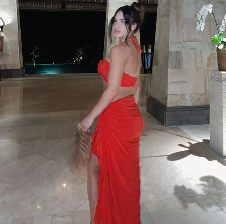 Mayne Summer Holiday Coord Set -Resortwear In Red - back shot on model indoors - Miss Mosa By Akanksha