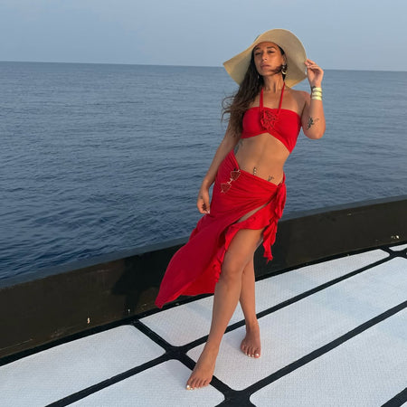 Mayne Summer Holiday Coord Set -Resortwear In Red - full-length front shot on model outdoors - Miss Mosa By Akanksha