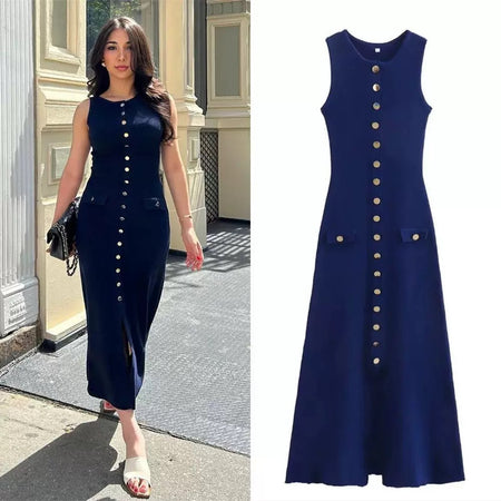 Mayra Luxe Soft Knit Dress in Navy Blue - front shot on model with packshot - Miss Mosa By Akanksha