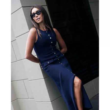 Mayra Luxe Soft Knit Dress in Navy Blue - side shot on model - Miss Mosa By Akanksha