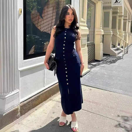 Mayra Luxe Soft Knit Dress in Navy Blue - full-length front shot on model - Miss Mosa By Akanksha