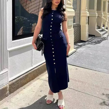 Mayra Luxe Soft Knit Dress in Navy Blue - full-length front shot on model - Miss Mosa By Akanksha