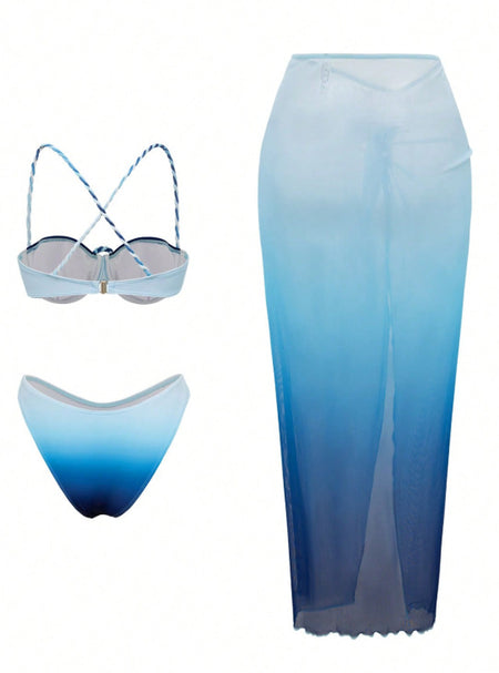 Maysa 2 Pcs Swimsuit With Skirt - full set flat product shot, blue ombre - Miss Mosa By Akanksha