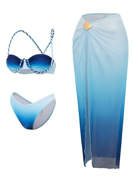 Maysa 2 Pcs Swimsuit With Skirt - full set flat product shot, blue ombre - Miss Mosa By Akanksha