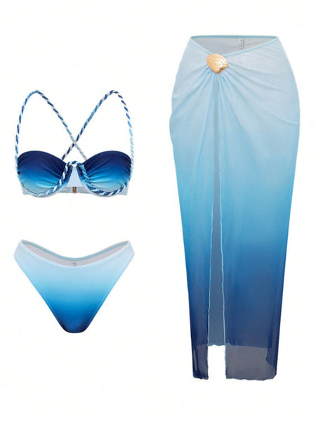 Maysa 2 Pcs Swimsuit With Skirt - full set flat product shot, blue ombre - Miss Mosa By Akanksha