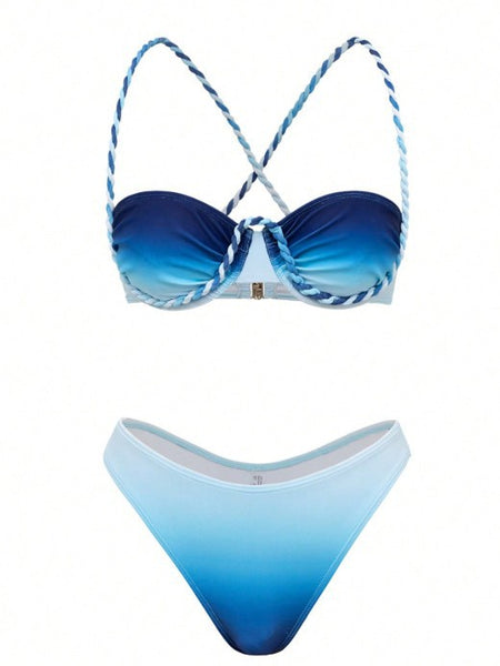 Maysa 2 Pcs Swimsuit With Skirt - bikini set flat product shot, blue ombre - Miss Mosa By Akanksha