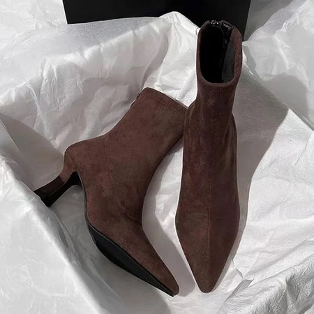Meah Short Suede Statement Ankle Boots - flat-lay shot in box, brown - Miss Mosa By Akanksha