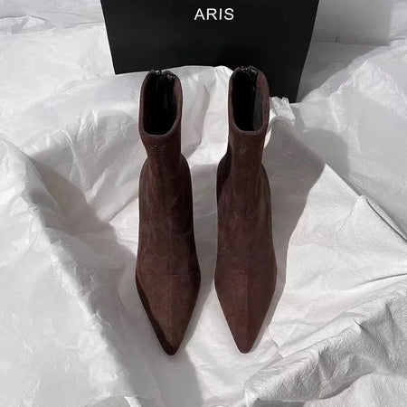 Meah Short Suede Statement Ankle Boots - front shot of pair flat-lay, brown - Miss Mosa By Akanksha