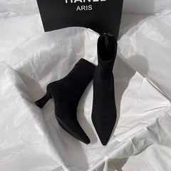 Meah Short Suede Statement Ankle Boots - front shot of pair flat-lay, black - Miss Mosa By Akanksha