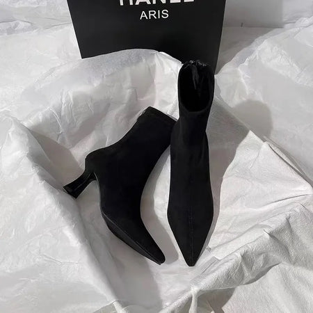 Meah Short Suede Statement Ankle Boots - front shot of pair flat-lay, black - Miss Mosa By Akanksha