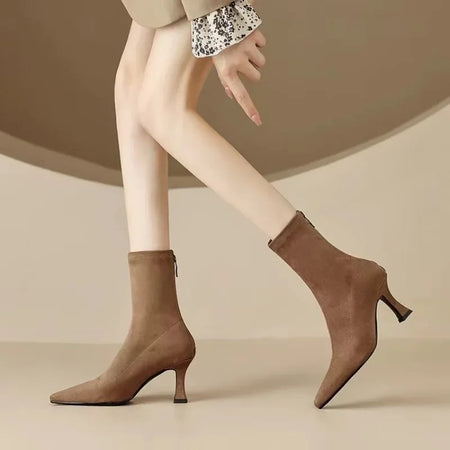 Meah Short Suede Statement Ankle Boots - side shot on model legs, brown - Miss Mosa By Akanksha