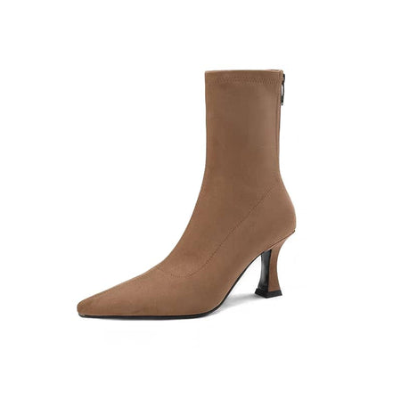 Meah Short Suede Statement Ankle Boots - side shot of single boot, brown - Miss Mosa By Akanksha