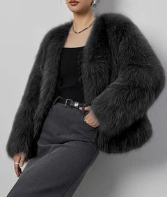 Melina Crop Winter Fur Cape - front shot on model, grey - Miss Mosa By Akanksha