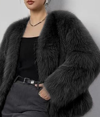 Melina Crop Winter Fur Cape - front shot on model, grey - Miss Mosa By Akanksha