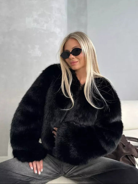 Melina Crop Winter Fur Cape - front shot on model, black - Miss Mosa By Akanksha